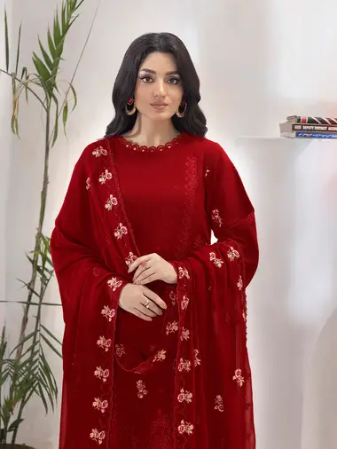 Embroidered Karandi Shirt Embroidered Chiffon Dupatta by puri fabrics, IndianRed