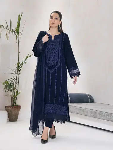 Embroidered Karandi Shirt Embroidered Chiffon Dupatta by puri fabrics, DarkBlue