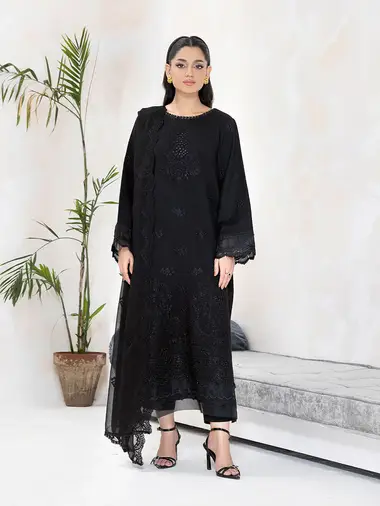 Embroidered Karandi Shirt Embroidered Chiffon Dupatta by puri fabrics, Black