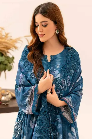 Printed Karandi Shirt Karandi Shirt Embroidered Chickenkari Dupatta AF-139 by riaz arts, Blue